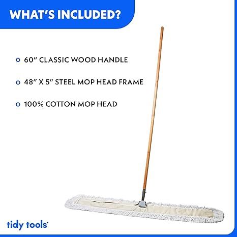 Commercial Dust Mop &amp; Floor Sweeper, 48 in. Dust Mop for Hardwood Floors, Cotton Reusable Dust Mop Head, Wooden Broom Handle, Industrial Dry Mop for Floor Cleaning &amp; Janitorial Supplies