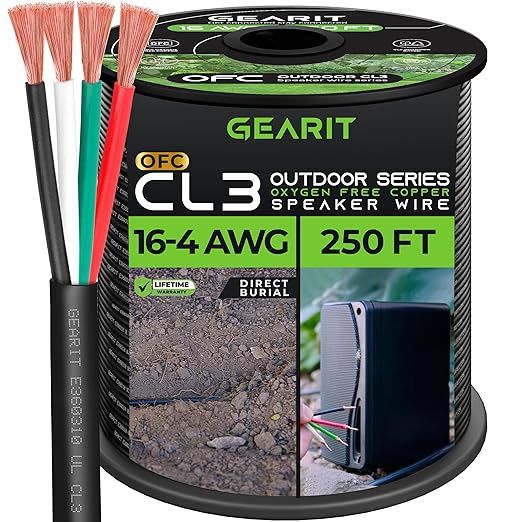 GearIT 16/4 Speaker Wire (250 Feet) 16AWG Gauge, Black 4-Conductors/Outdoor Direct Burial in Ground/in Wall / CL3 CL2 Rated - OFC Oxygen-Free Copper, Black 250ft