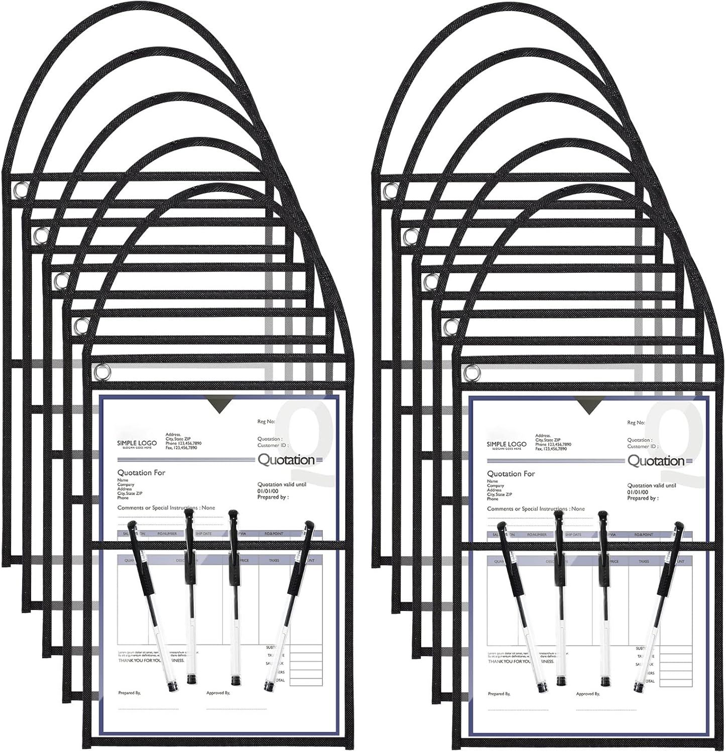 30 Pack Shop Ticket Holders 9 x 12 Inch Work Order Plastic Sleeves Job Ticket Holders Dry Erase Repair Order Sleeves with Hanging Strap, Both Sides Clear (Black)