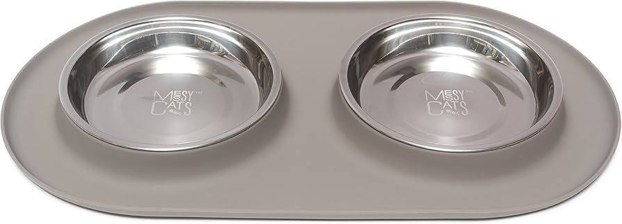 Messy Mutts Cat Double Feeder Silicone Gray