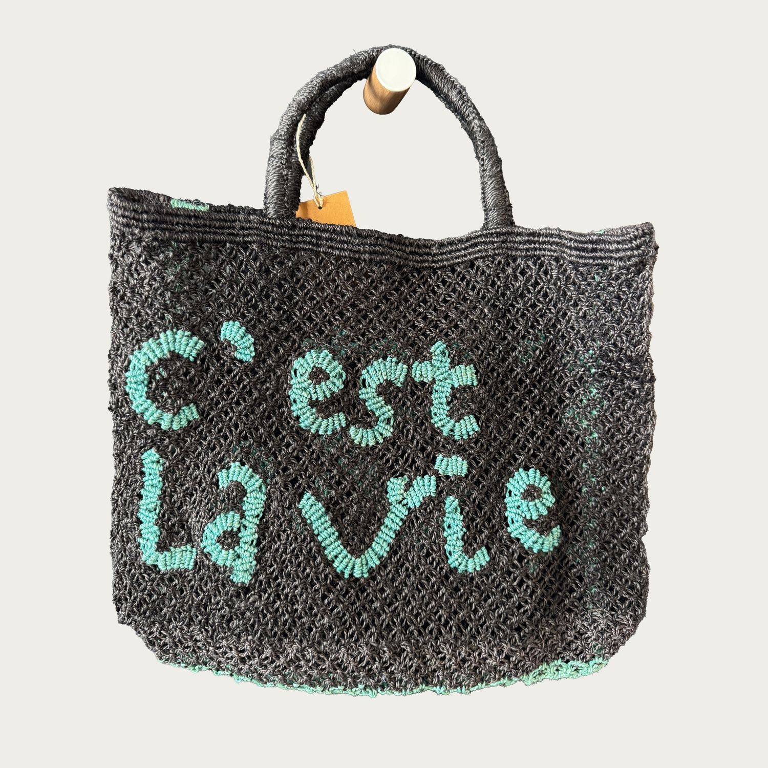 SMALL JUTE BAG | C&#39;EST LA VIE, Colour: BLACK/ AQUA
