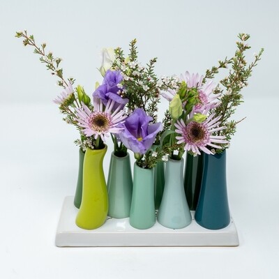 Multi Bud Vase with fresh flowers and "The Little Flower" Recipe Book