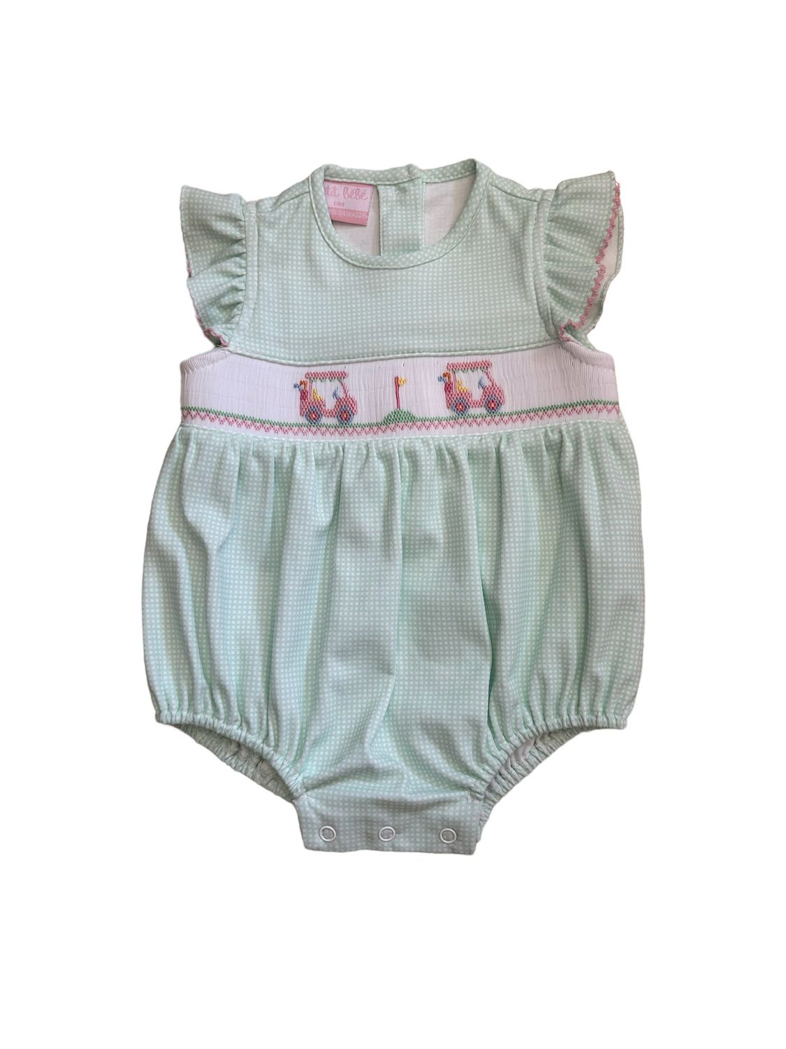 Petit Bebe Golf Lt Green Gingham Knit Slvlss Girl’s Bubble
