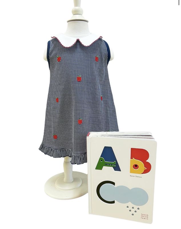 Back to School Luigi Apples on Navy Gingham Dress