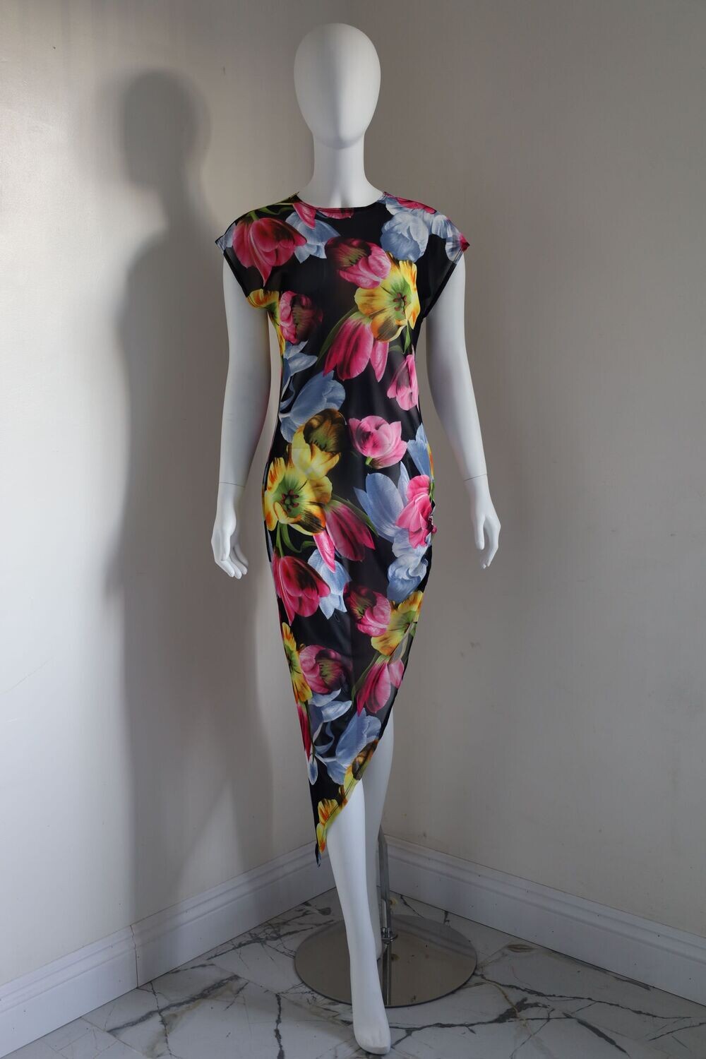 Floral Printed Cut Out Split Thigh Mesh Stretch