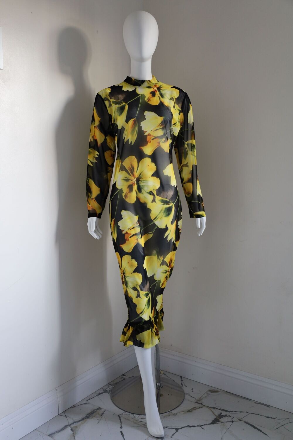 Yellow Floral Printed Mesh Midi Dress