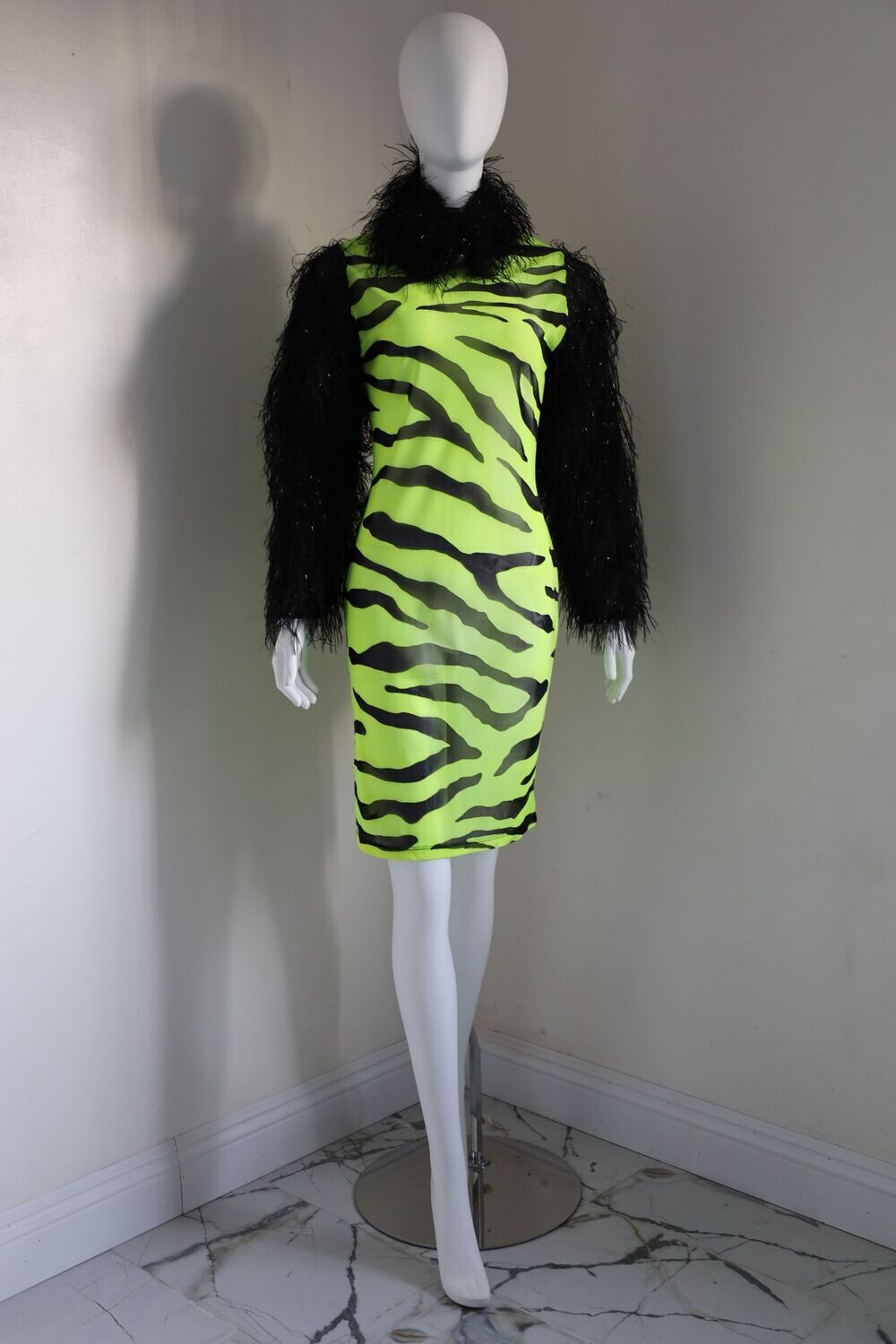 Women's Black Feathers Fluffy High Neck Neon Sheer Mini Dress