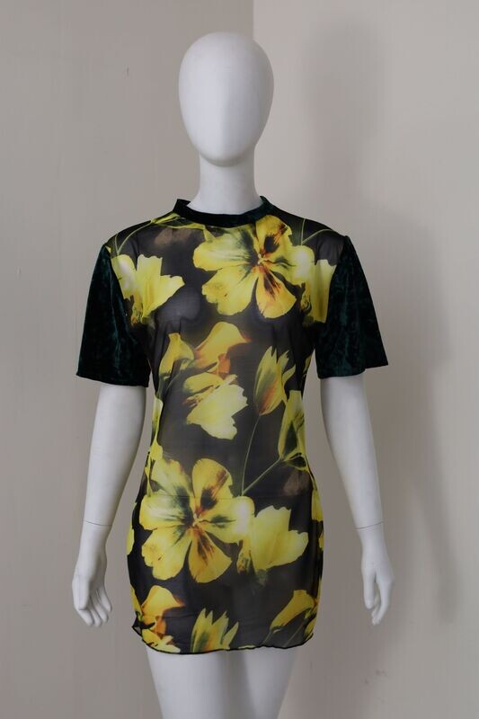 Yellow Floral Printed Sheer Mesh Mini Dress
