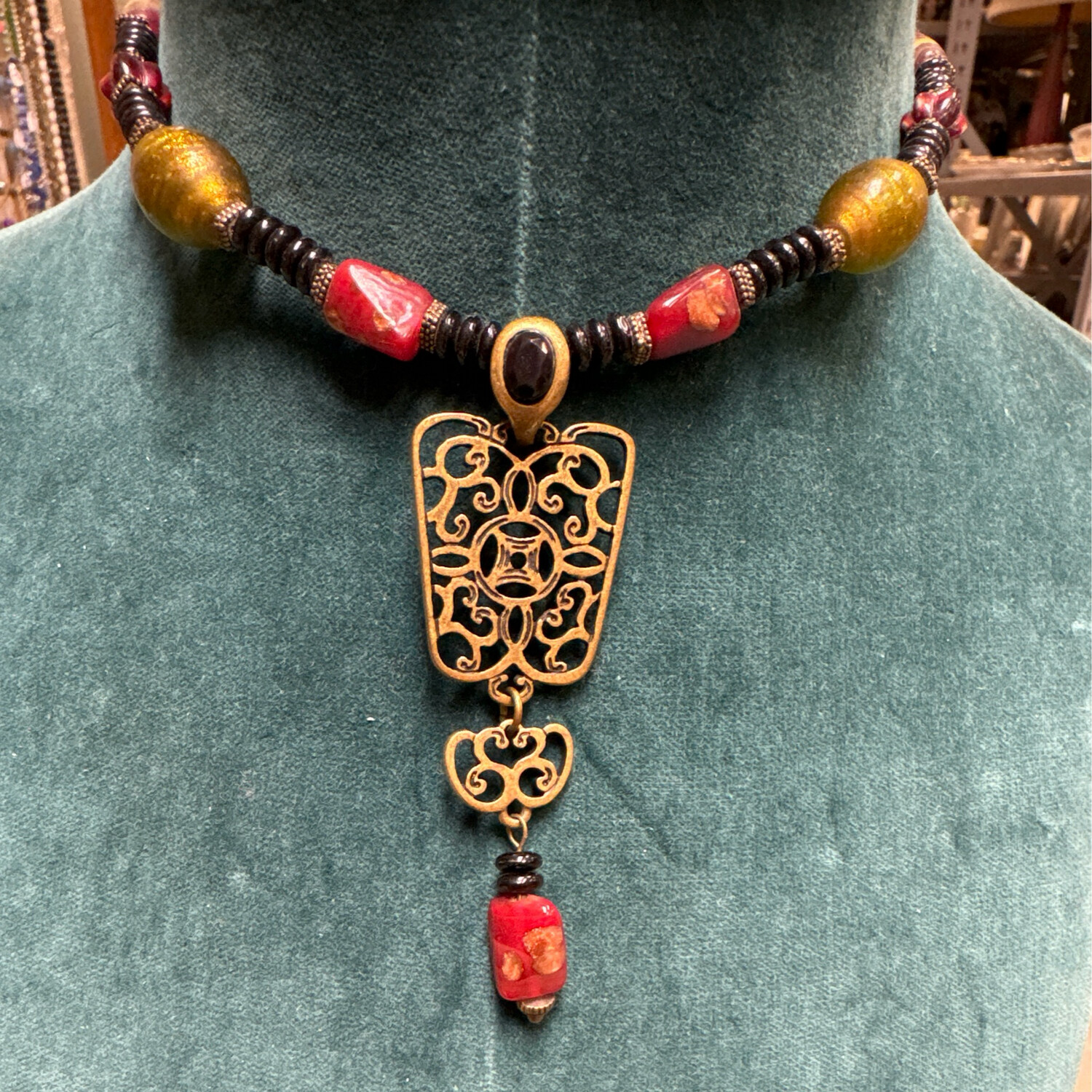 Chico's Black Green and Red Beads with Gold Pendant - MH