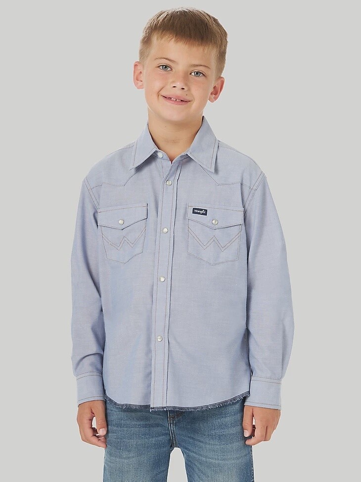 Wrangler Boy&#39;s Cowboy Cut Snap Shirt - Blue Chambray