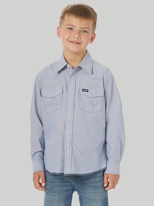 Wrangler Boy&#39;s Cowboy Cut Snap Shirt - Blue Chambray