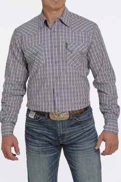 Cinch Mens L/S Blue/Burgundy Plaid Shirt Modern Fit