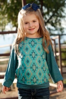 GIRL&#39;S SOUTHWEST PRINT LONG SLEEVE RAGLAN SWEATER - TURQUOISE