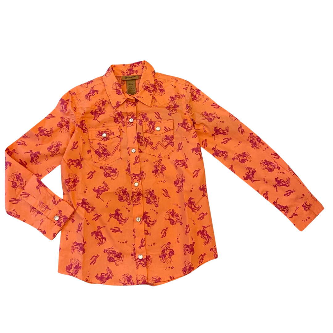 Wrangler Girls&#39; Cowgirl Print Snap Shirt- Orange