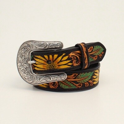 NOCONA GIRLS BELT 1 1/4 SUNFLOWER TOOLED BLACK