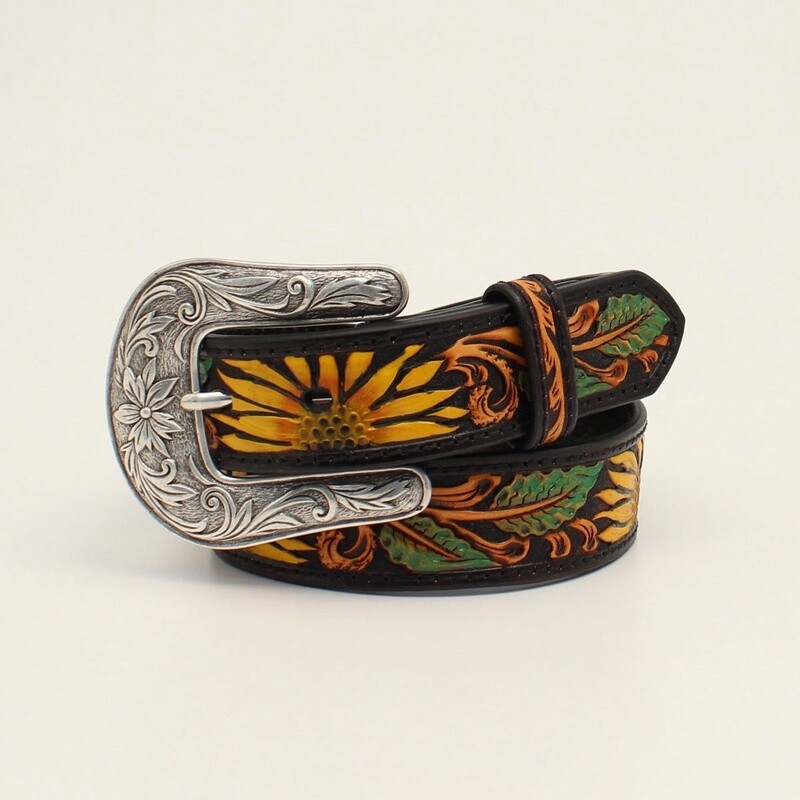 NOCONA GIRLS BELT 1 1/4 SUNFLOWER TOOLED BLACK