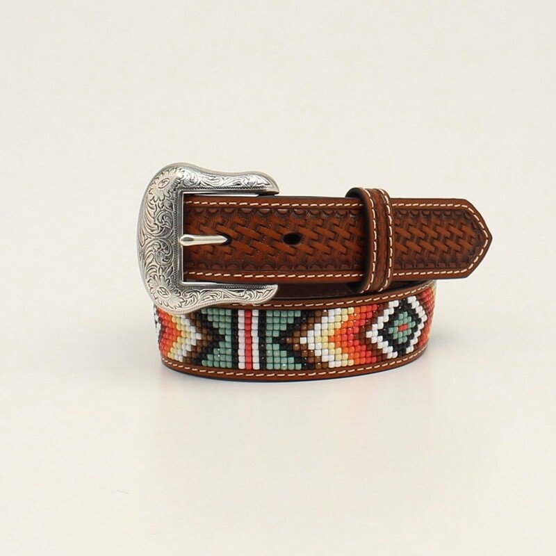 NOCONA BOYS BELT 1 1/4 BASKET WEAVE DIAMOND BEADED TAN