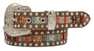 ANGEL RANCH GIRLS BELT 1 1/4 MULTICOLORED LACE SILVER STONES BROWN
