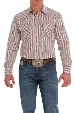 CINCH MEN&#39;S MODERN FIT BUTTON-DOWN WESTERN SHIRT - WHITE / BURGUNDY