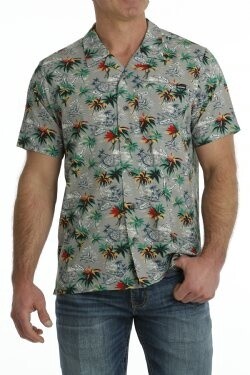 MEN'S HAWAIIAN PRINT SHORT SLEEVE CAMP SHIRT - GRAY