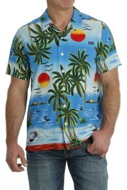 MEN&#39;S HAWAIIAN PRINT SHORT SLEEVE CAMP SHIRT - BLUE