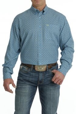 MEN&#39;S GEOMETRIC PRINT LONG SLEEVE ARENAFLEX BUTTON-DOWN SHIRT - BLUE