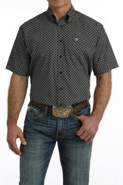 MEN&#39;S GEOMETRIC PRINT BUTTON-DOWN SHORT SLEEVE WESTERN SHIRT - BLACK / KHAKI