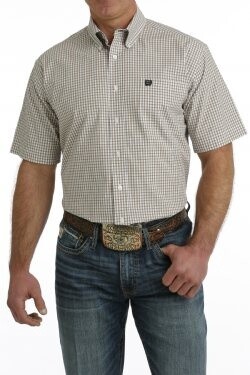 MEN'S PLAID BUTTON-DOWN SHORT SLEEVE WESTERN SHIRT - KHAKI / WHITE