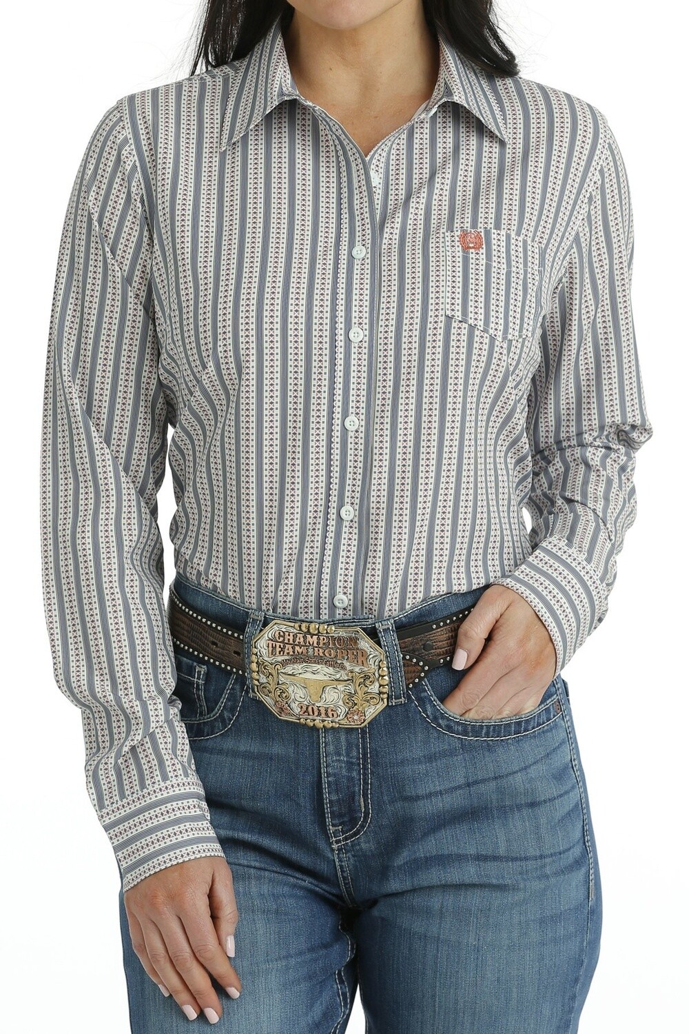 WOMEN&#39;S ARENAFLEX BUTTON-DOWN WESTERN SHIRT - WHITE / LIGHT BLUE