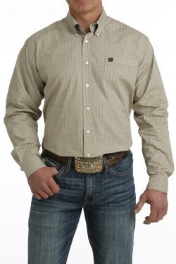 MEN&#39;S GEOMETRIC PRINT BUTTON-DOWN WESTERN SHIRT - KHAKI / BLACK