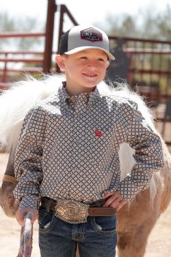 BOY&#39;S MEDALLION PRINT BUTTON-DOWN WESTERN SHIRT - KHAKI