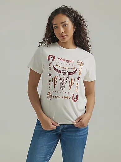 WOMEN&#39;S WRANGLER WESTERN GRAPHIC REG FIT TEE IN MARSHMALLOW