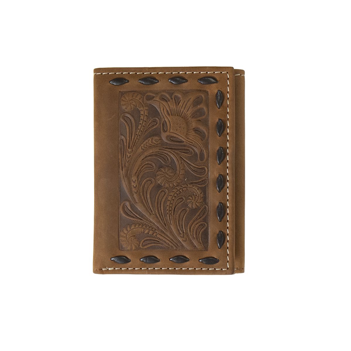 NOCONA TRIFOLD WALLET FLORAL EMBOSSED CHOCOLATE BUCK LACING BROWN