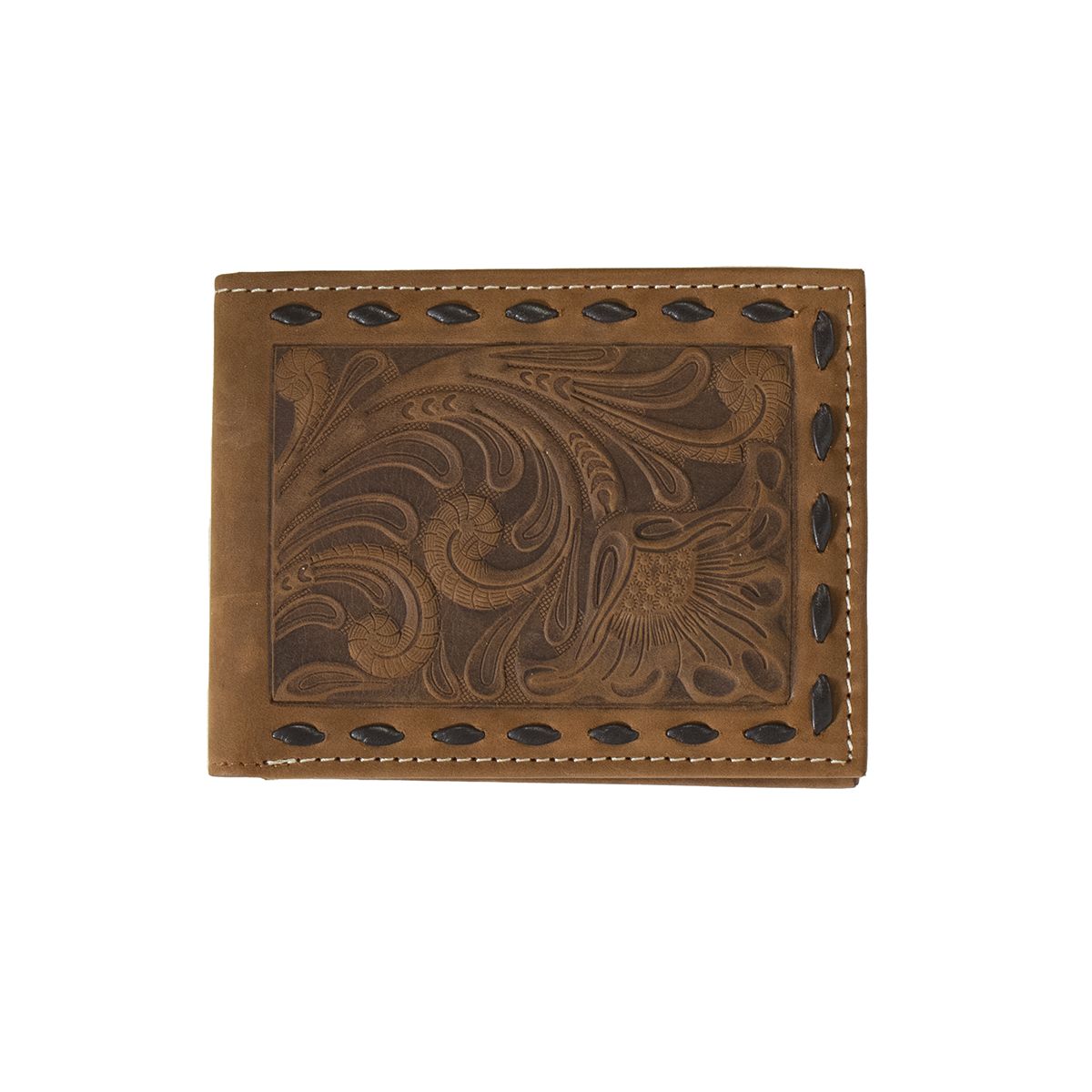 NOCONA BIFOLD WALLET FLORAL EMBOSSED CHOCOLATE BUCK LACING BROWN