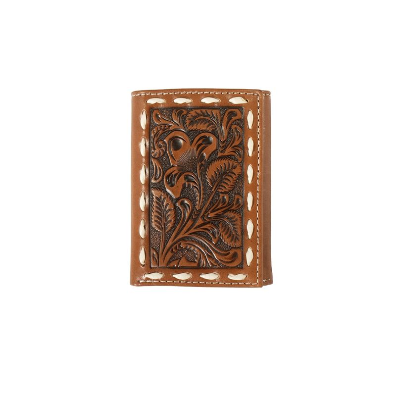 NOCONA TRIFOLD BUCK LACE FLORAL EMBOSSED WALLET TAN