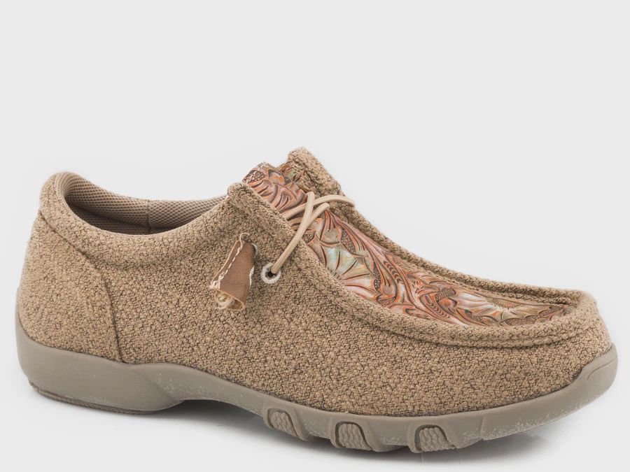 LITTLE GIRLS TAN CANVAS WITH EMBOSSED FLORAL VAMP