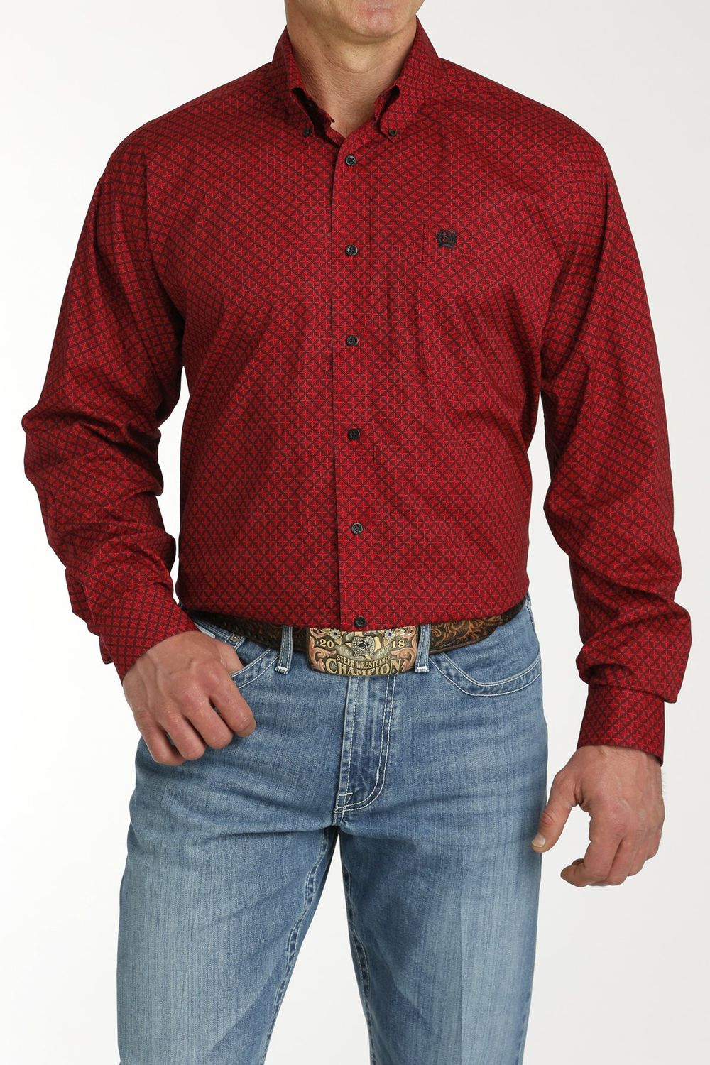Cinch Men&#39;s L/S Stretch geometric Print Button Down-Red/Black