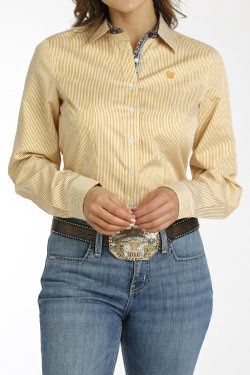 Cinch Women’s L/S Stripe Button Down Shirt- Gold