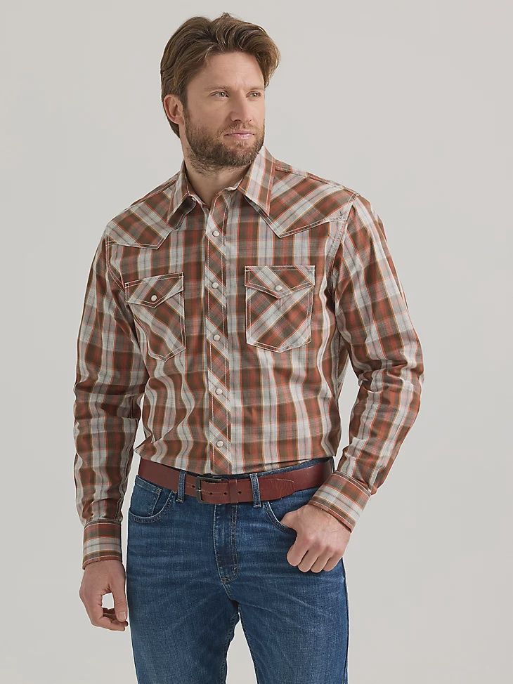 MEN&#39;S 20X® COMPETITION ADVANCED COMFORT LONG SLEEVE TWO POCKET WESTERN SNAP SHIRT IN PLAID UMBER