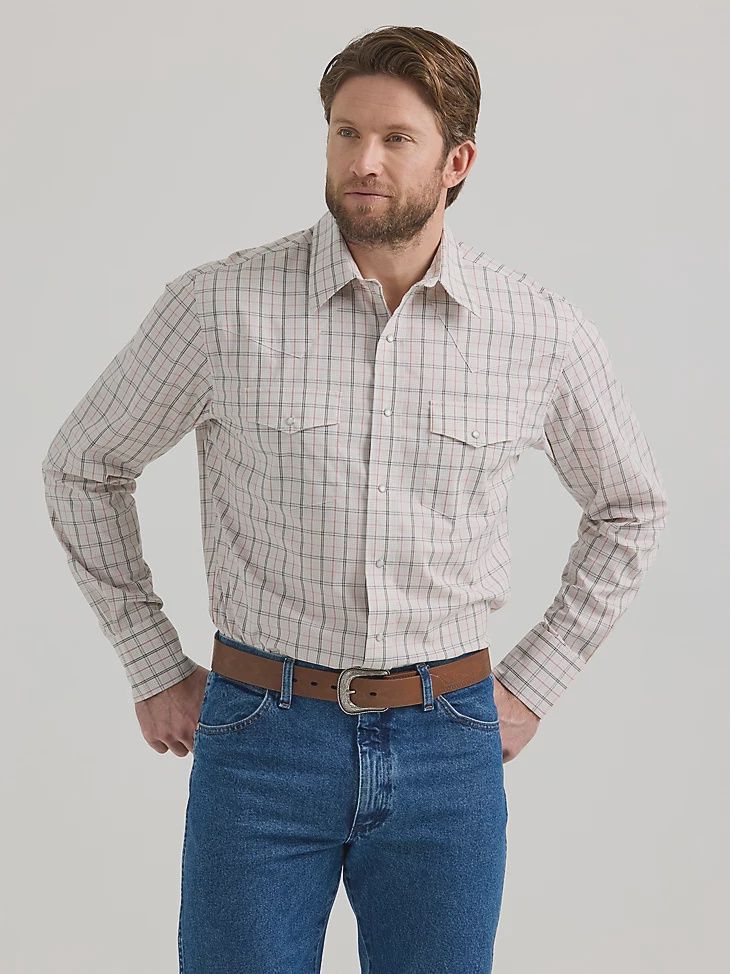 MEN&#39;S WRINKLE RESIST LONG SLEEVE WESTERN SNAP PLAID SHIRT IN ROSY