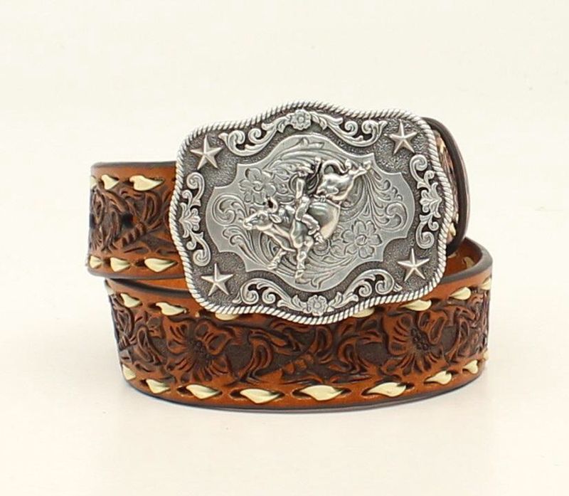 Nocona Brown Floral Tooled Belt w/ White Buckstitch