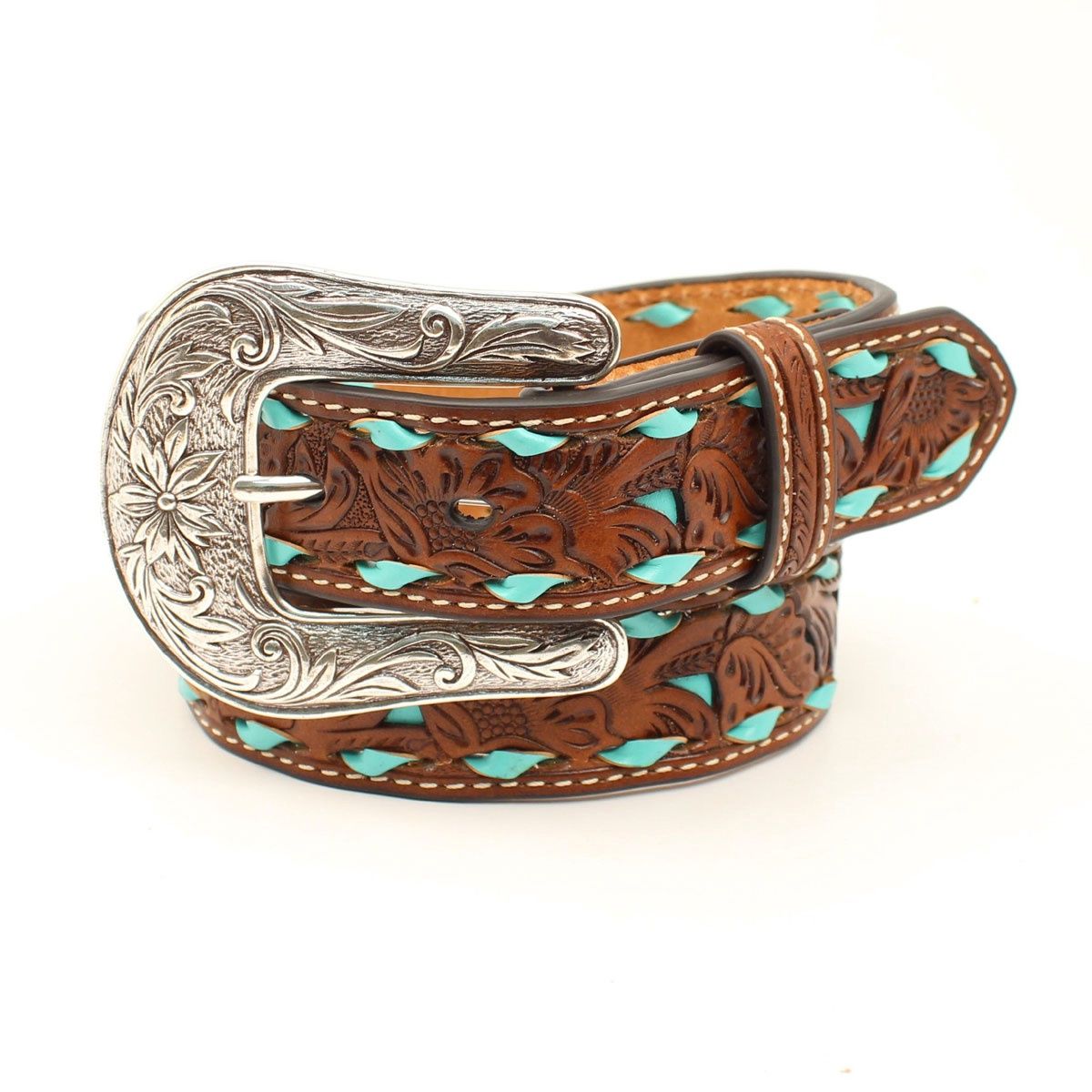 Nocona Youth Floral Brown Turquoise Buckstitch Belt