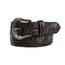 NOCONA LADIES BELT 1 1/2&#39;&#39; TOOLED FLORAL PATTERN BROWN