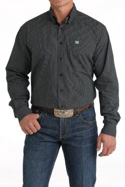 Men&#39;s Geometric Print Button-Down Western Shirt - Black