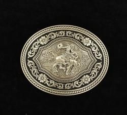Oval Rope Edge Scroll Buckle with Vntage Saddle Bronc Motif