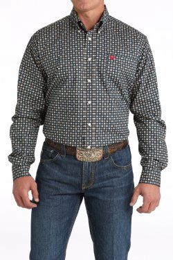 Men&#39;s Stretch Medallion Print Button-Down Western Shirt - Navy