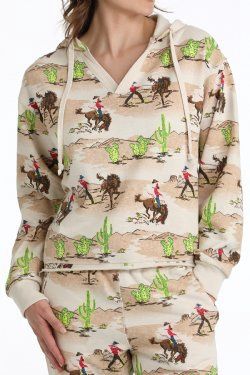 Women's Match Girl's Cowboy Print Hoodie - Cream