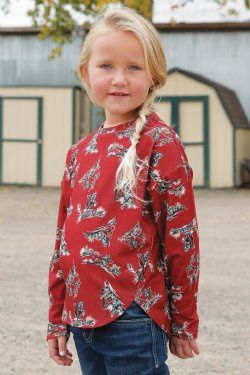 Girl&#39;s Cowboy Print Knit Blouse - Red