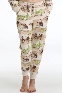 Ladies Match Mom Cowboy Print Jogger - Cream