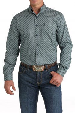 Men&#39;s Modern Fit Geometric Print Button-Down Western Shirt - Navy